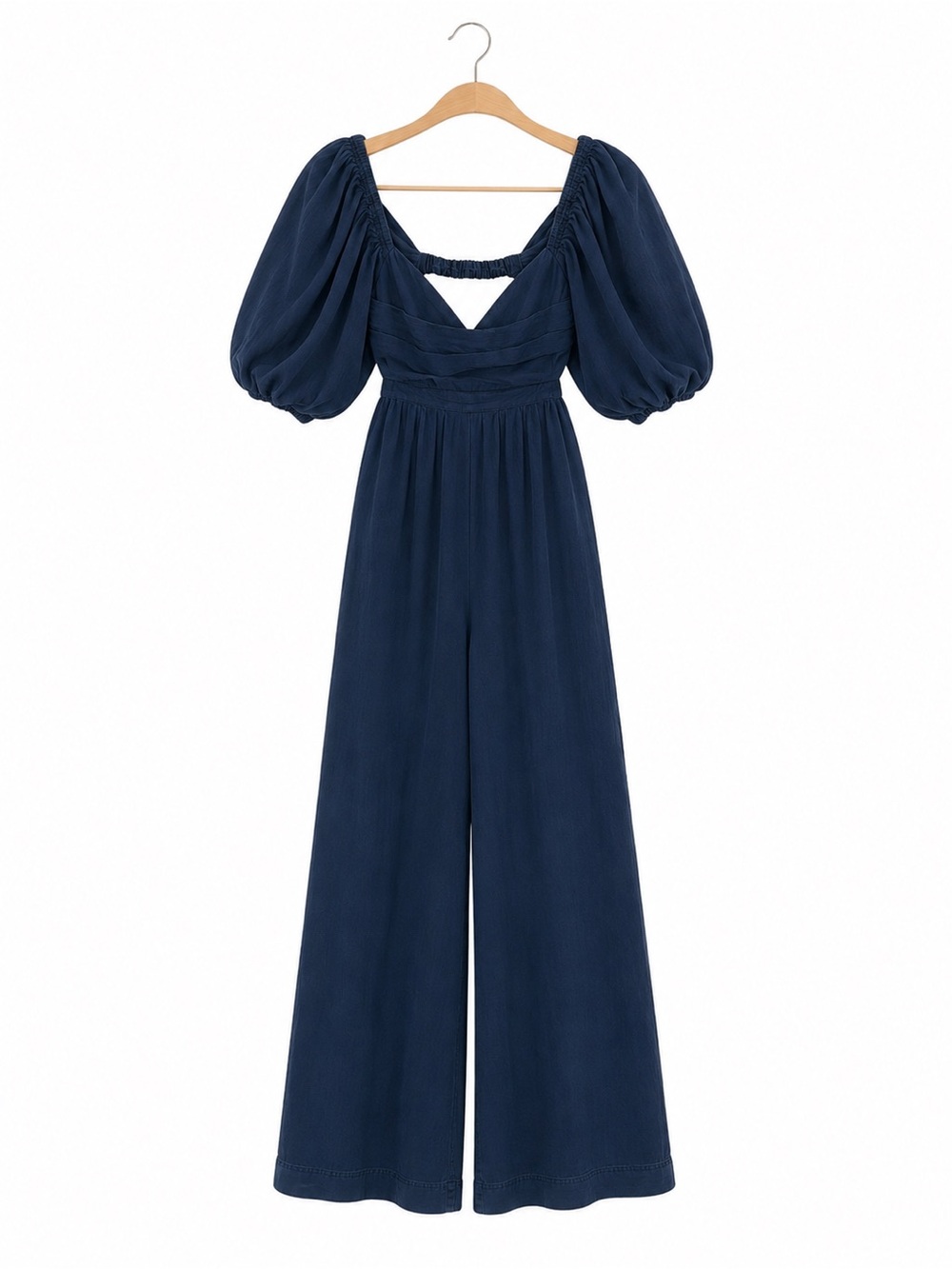 Free People Deep Navy Puff-Sleeve Wide-Leg Jumpsuit